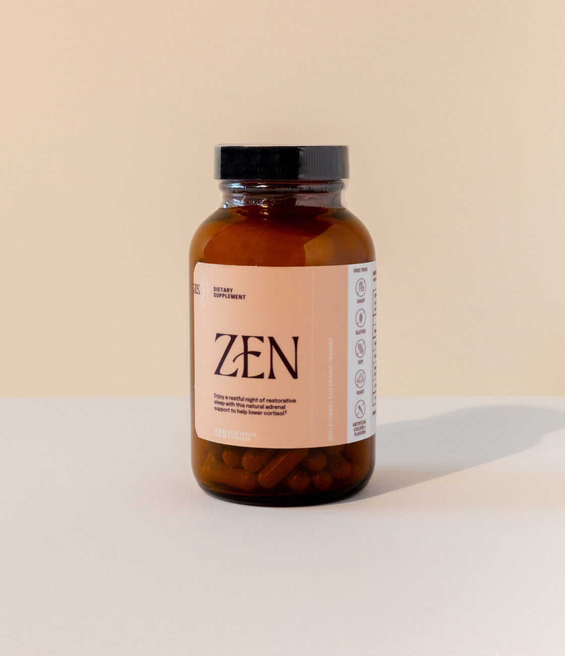 Enjoy a restful night of restorative sleep with this natural adrenal support to help lower cortisol.[AD: A 120 capsule bottle of Zen with a yellow label sits on a plain yellow and cream backdrop]