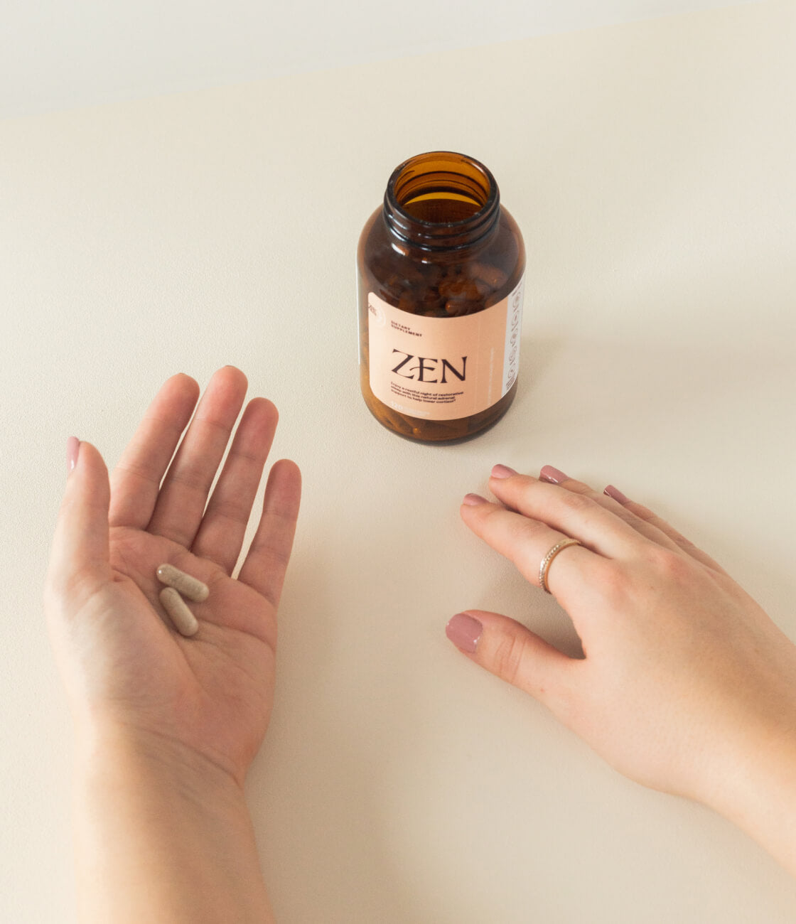 Our dietary supplement capsules are vegan, using hypromellose and Rice flour, making them gluten free and yeast free. The capsules are small enough to be comfortable to swallow. [AD: A feminine hand is holding 2 capsules, small enough to be nestled in the center of the palm]