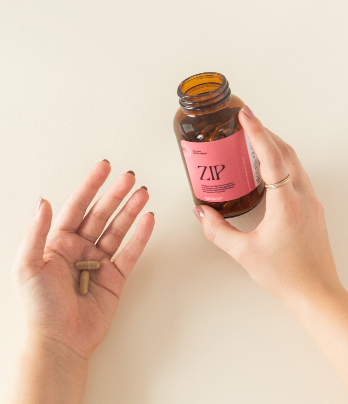 Our dietary supplement capsules are vegan, using hypromellose and RIce flour, making them gluten free and yeast free. The capsules are small enough to be comfortable to swallow. [AD: A feminine hand is holding 2 capsules, small enough to be nestled in the center of the palm]